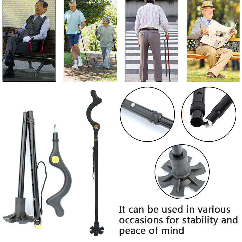 Straight Posture Cane Adjustable Height Safe Walking Stick Foldable Hiking Pole