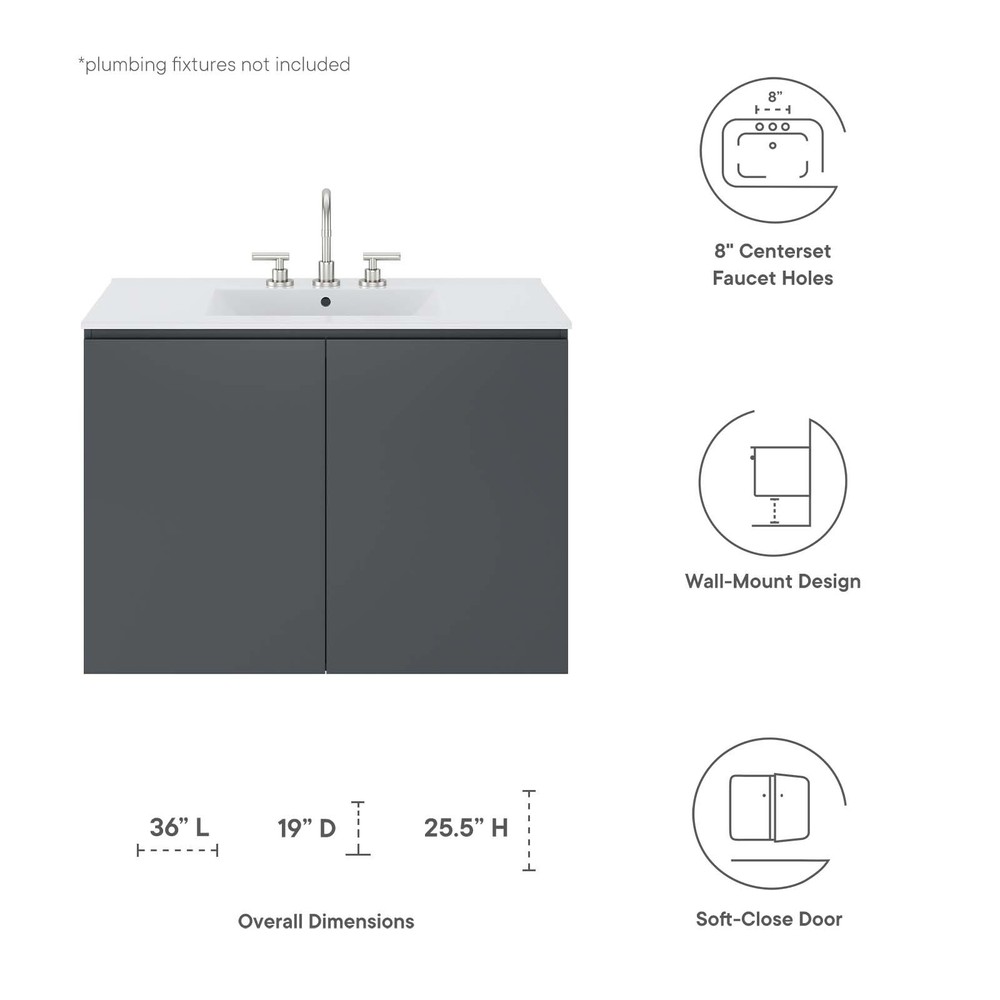 Modway Bryn 36" Wall-Mount Bathroom Vanity in Gray White