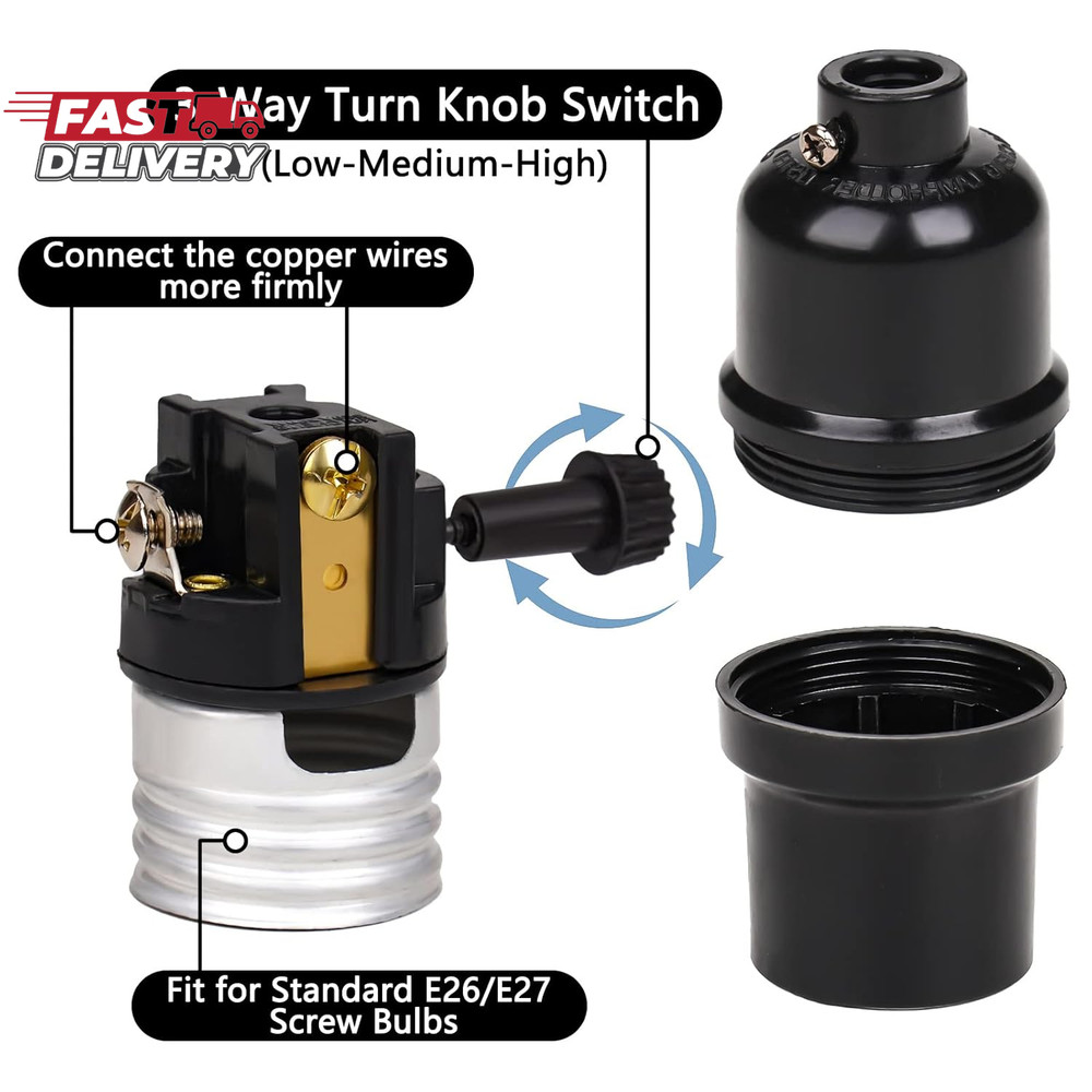 Venforze 3-Way Lamp Socket Replacement,E26 Base UL Listed, Turn Knob for Low-Med