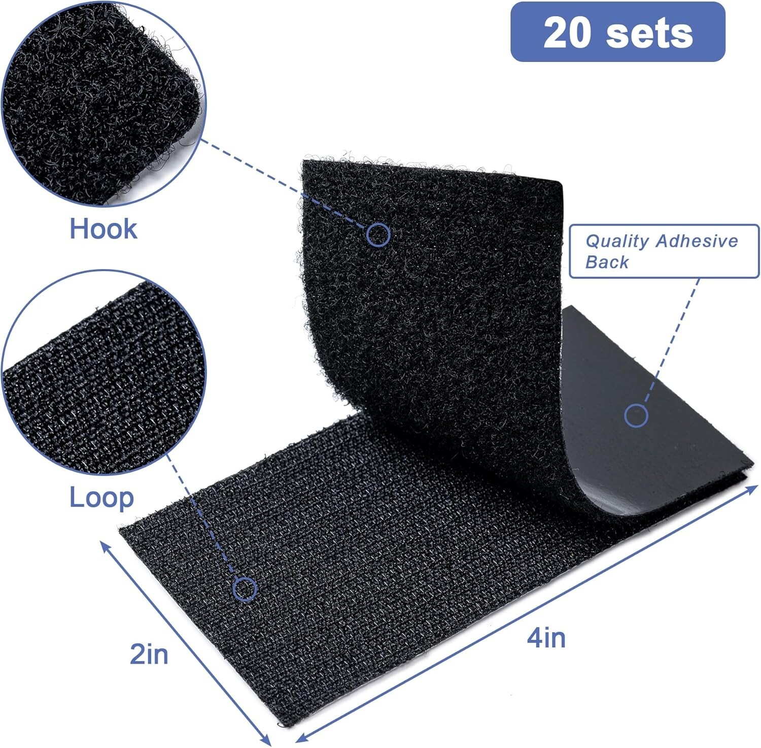 20 Sets Heavy Duty Hook & Loop Adhesive Strips: Sticky Back Fastener 2x4” Black