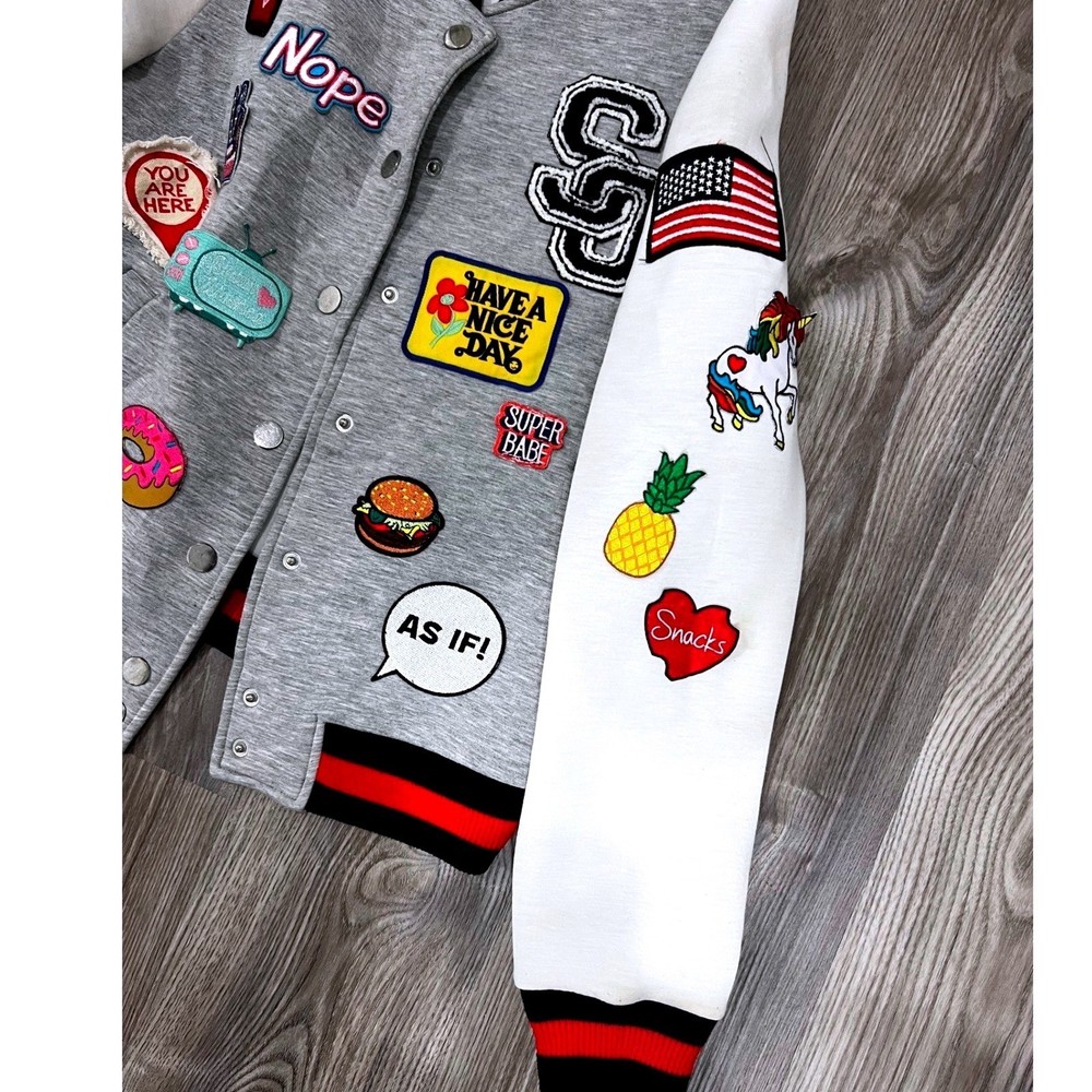 Crafted Forever 21 Womens Patch Varsity Bomber Jacket Grey White Snap Front M