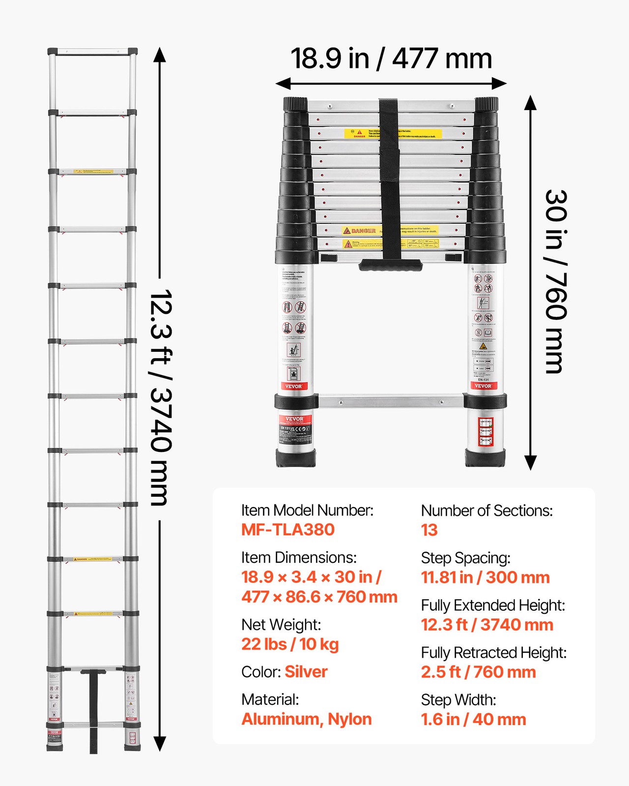 VEVOR 12.5ft Telescoping Ladder Aluminum One-Touch Retraction 330LBS Capacity