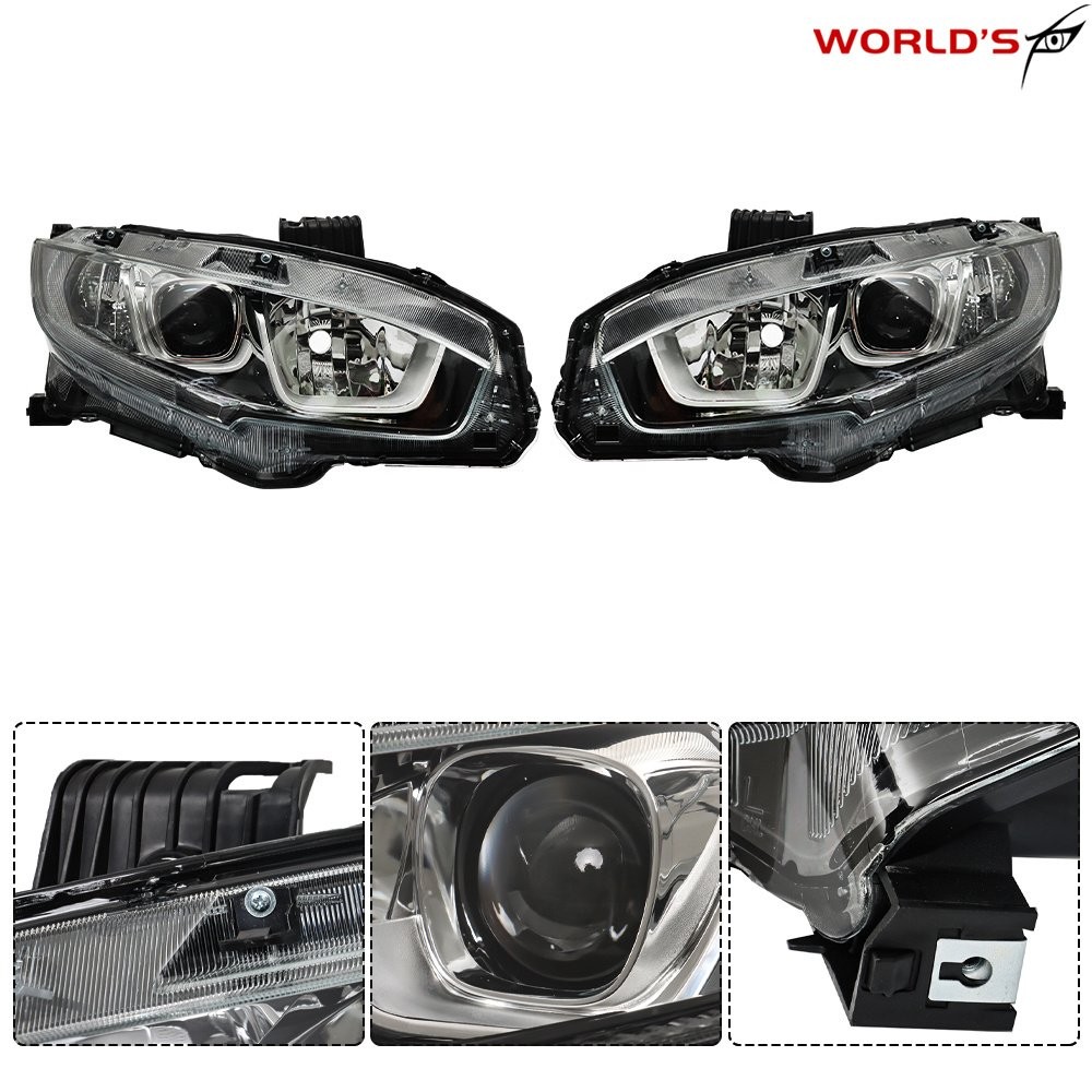 Pair For Honda Civic 2016-2020 Halogen W/LED DRL Headlights Assy Chrome Housing