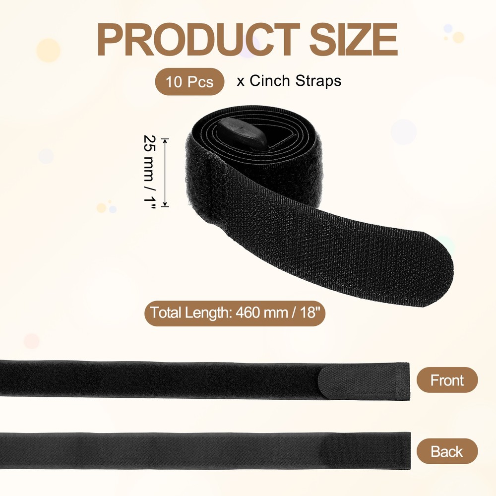 10pcs Reusable Cinch Straps 1"x18" Hook and Loop Cable Securing Straps, Black