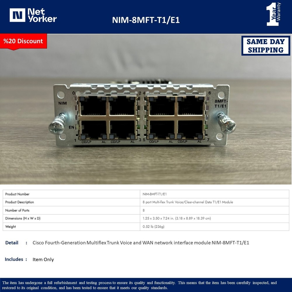 Cisco NIM-8MFT-T1/E1 8-Port T1/E1 Multiflex Trunk Voice Module-Same Day Shipping