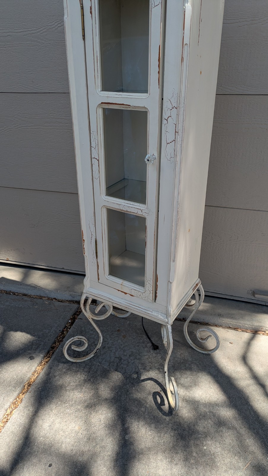 Vintage Shabby Chic French Country Cottage White Curio Display Cabinet Iron Legs