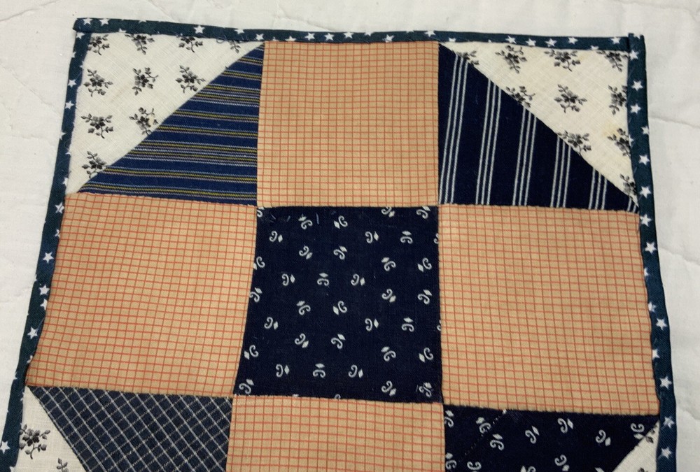Antique Vintage Patchwork Quilt Table Topper, Nine Patch With Triangles, Navy