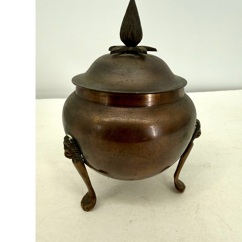 Antique Bronze Lidded Pot with Lion Head Feet Tripod Footed Bowl Ornate Finial