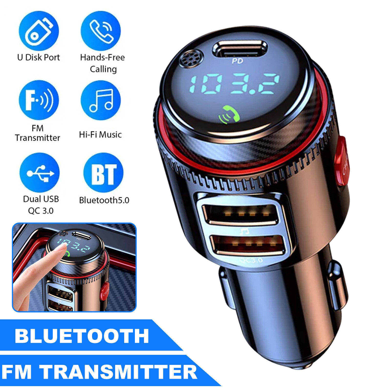 Car Bluetooth FM Transmitter PD 45W Car Charger Power Adapter Cigarette Lighter