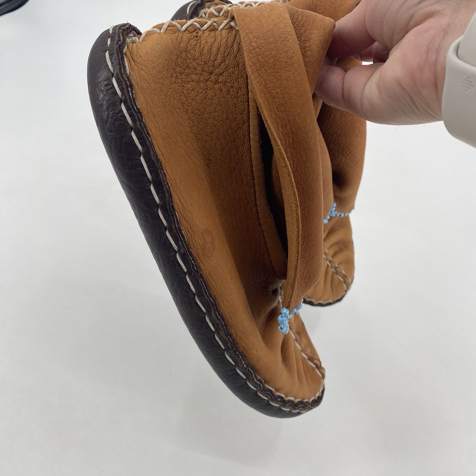 Brown Leather Handmade Center Seam Moccasins Native American Adult Beadwork