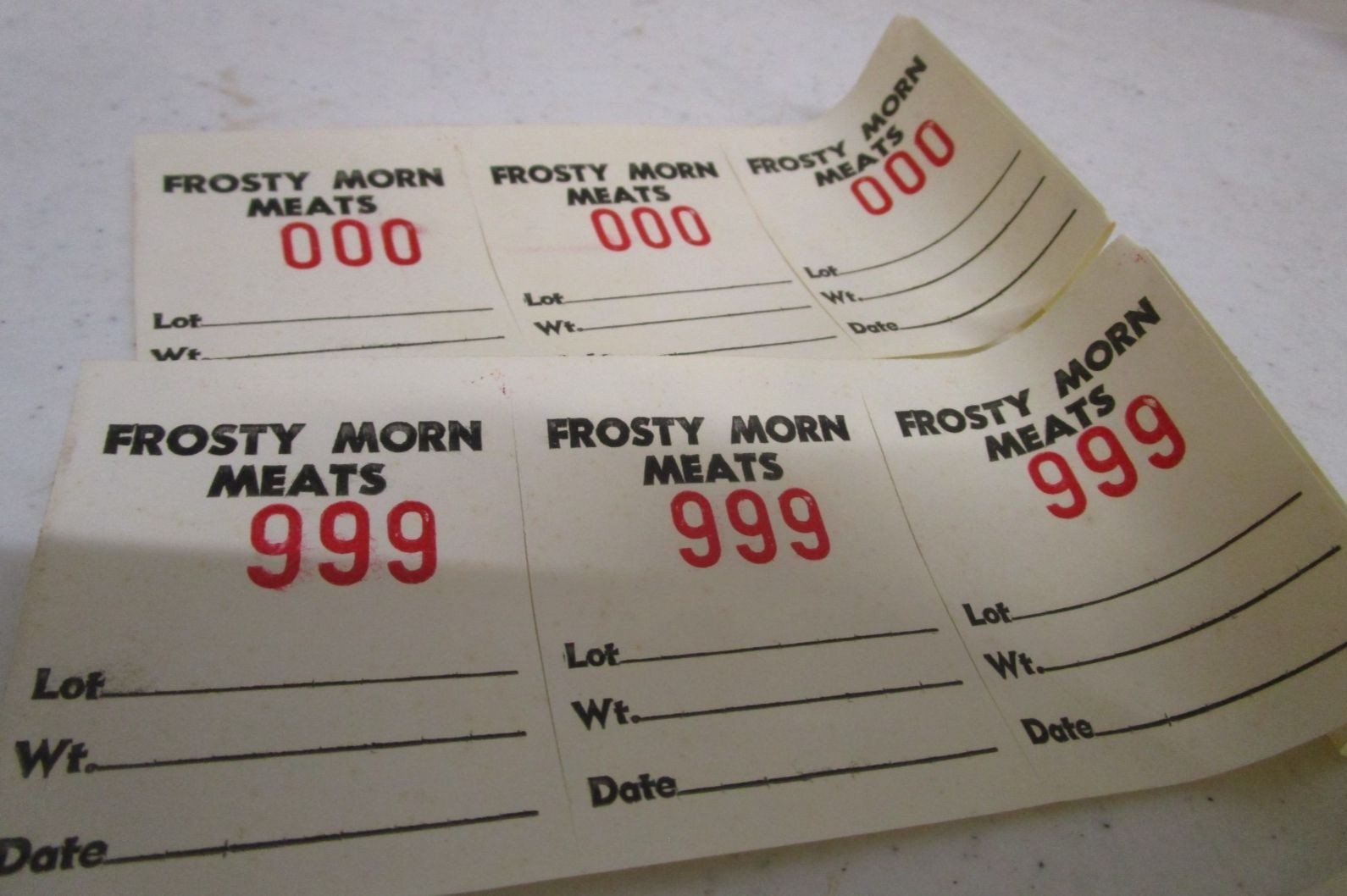 VINTAGE NOS FROSTY MORN MEATS FOOD GROCERY STORE 1-1000 PAPER TAGS