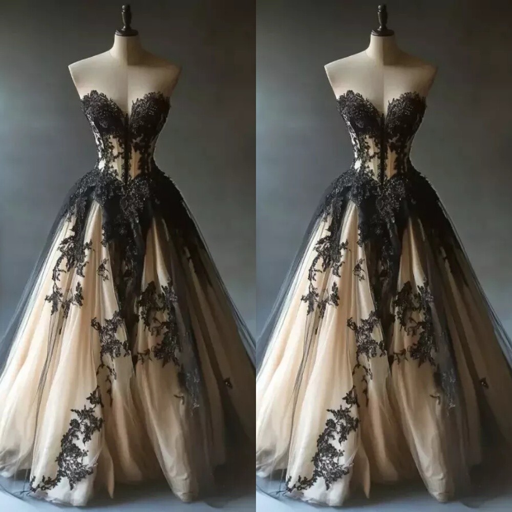 Gothic Champagne Wedding Dresses Black Lace Sweetheart A Line Bridal Gowns