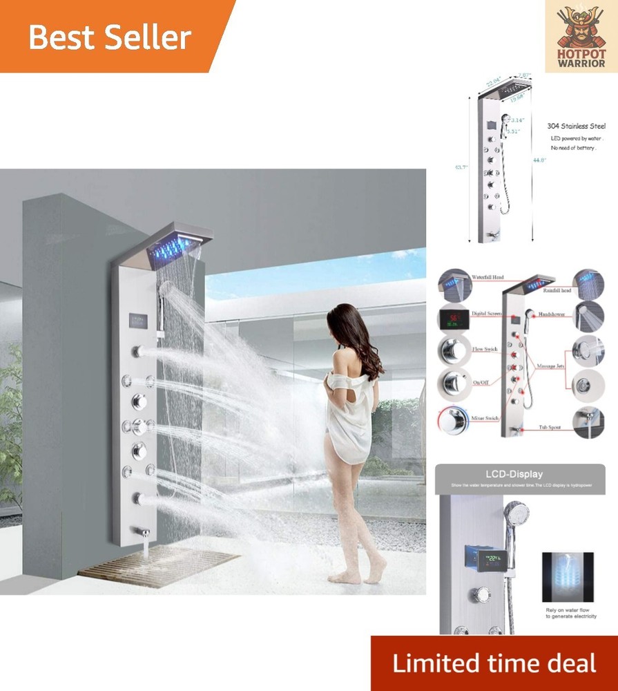 Brushed Nickel 6-Function Shower Tower with Rainfall LED Shower Head & Spa Jets