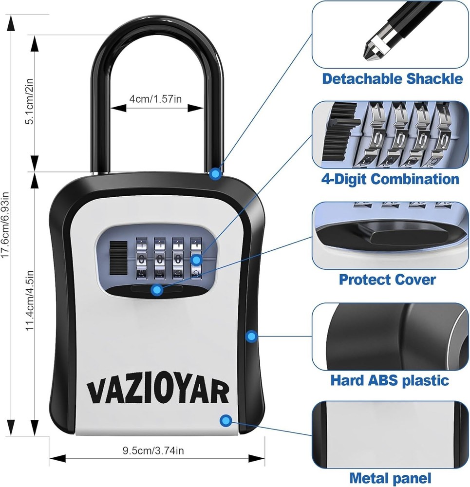 Waterproof Wall-Mounted Key Lock Box with 4-Digit Combo and Retractable Tether
