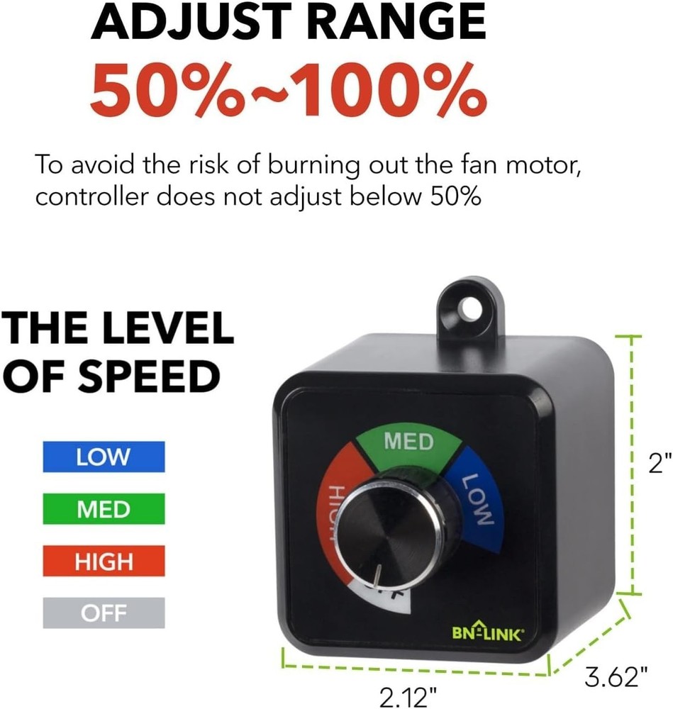 BN-Link Variable Fan Speed Controller 3 Speed Electric Regulator AC Motor