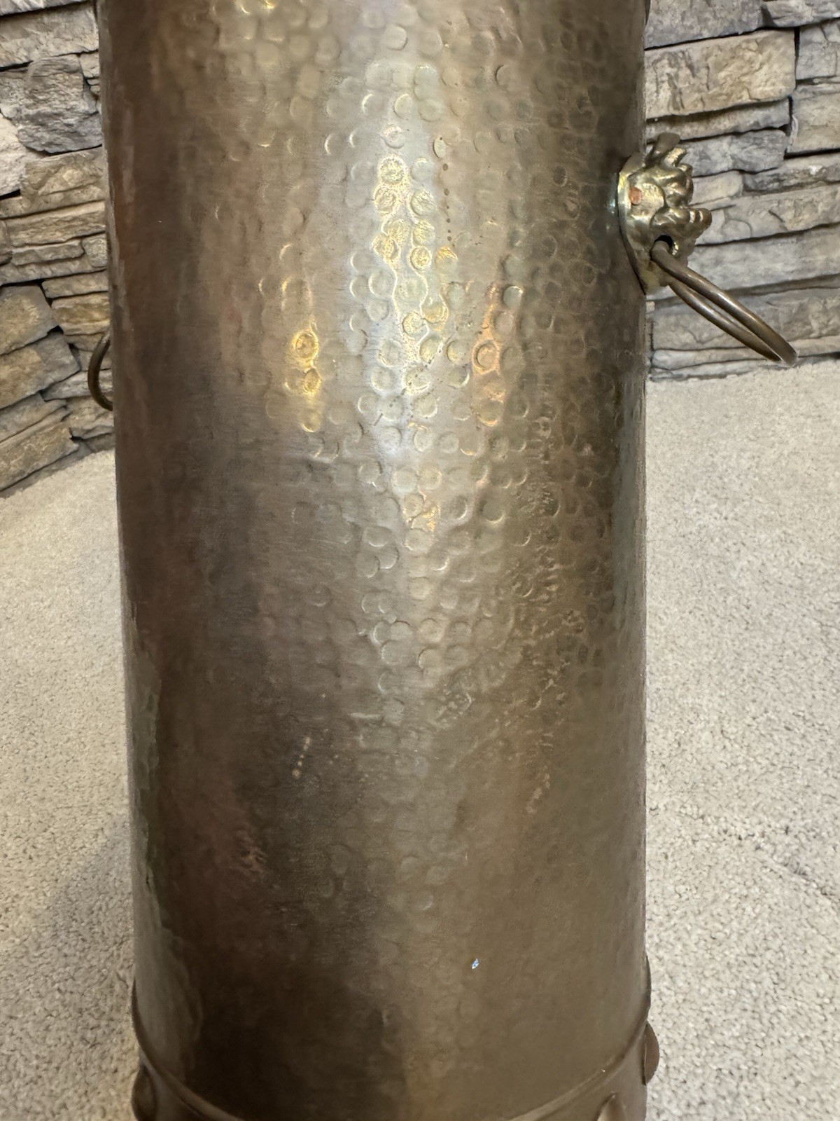 18" Tall Vintage Hammered Brass Umbrella Stand With Lion Head Handles Hong Kong