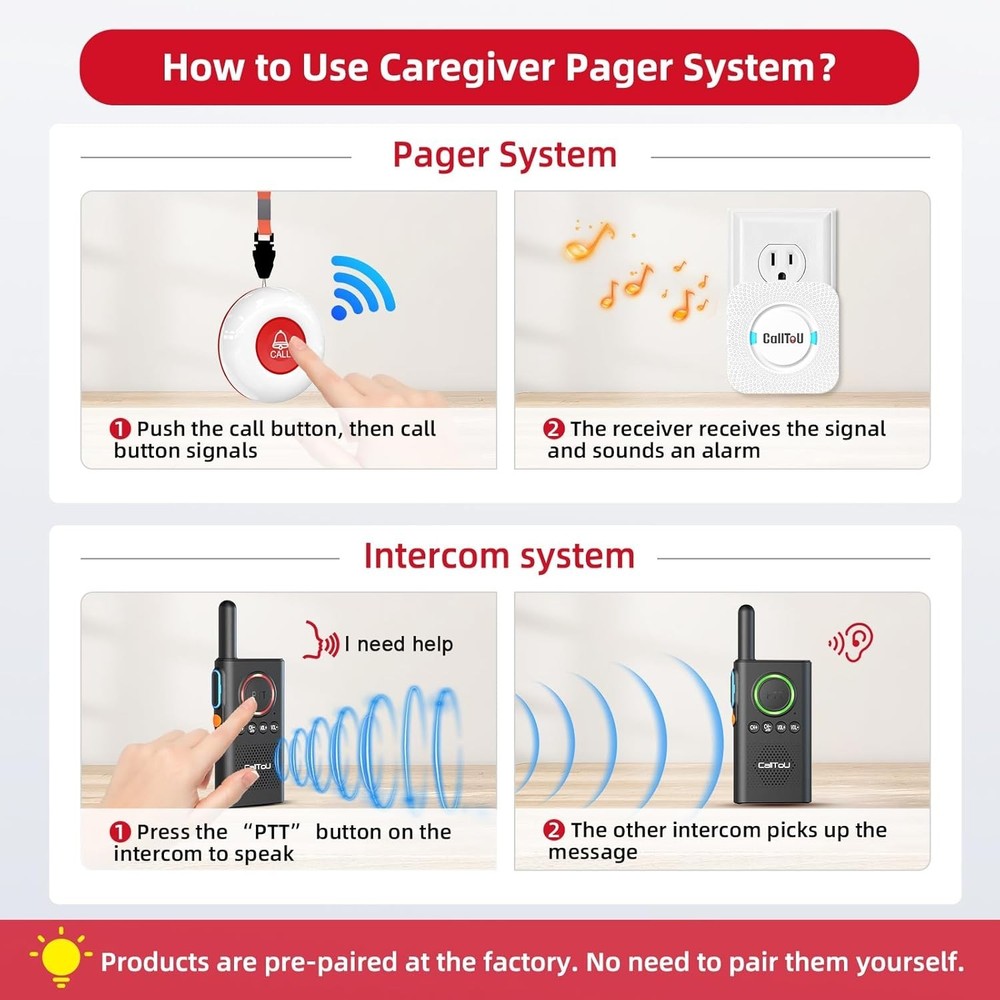 Caregiver Pager Wireless Alert Button Home Intercom System Long Range 2 Way R...