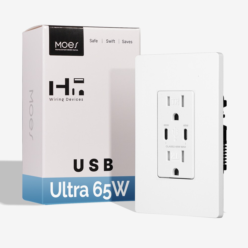 MOES Wall Electrical Outlet 65W 2 USB Type C PD Fast Charging Receptacle 15/20A