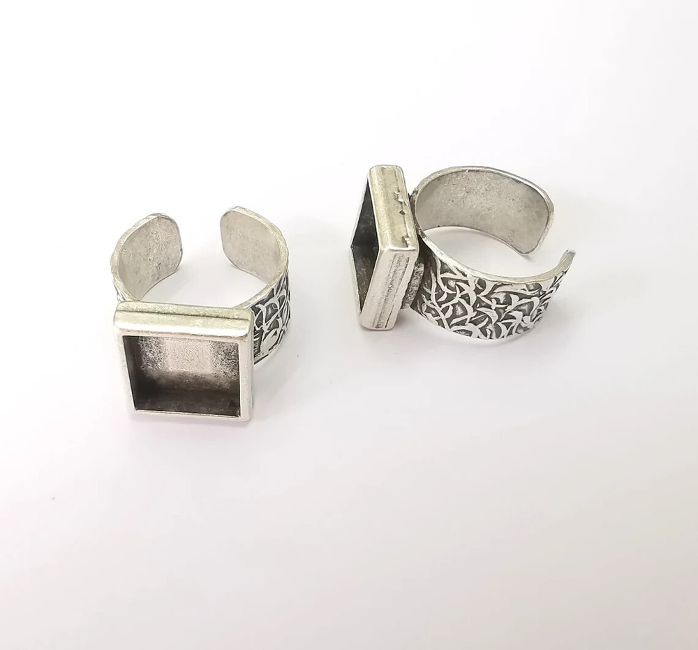 Square Antique Silver Ring Blank Settings, Cabochon Mounting Adjustable Resin