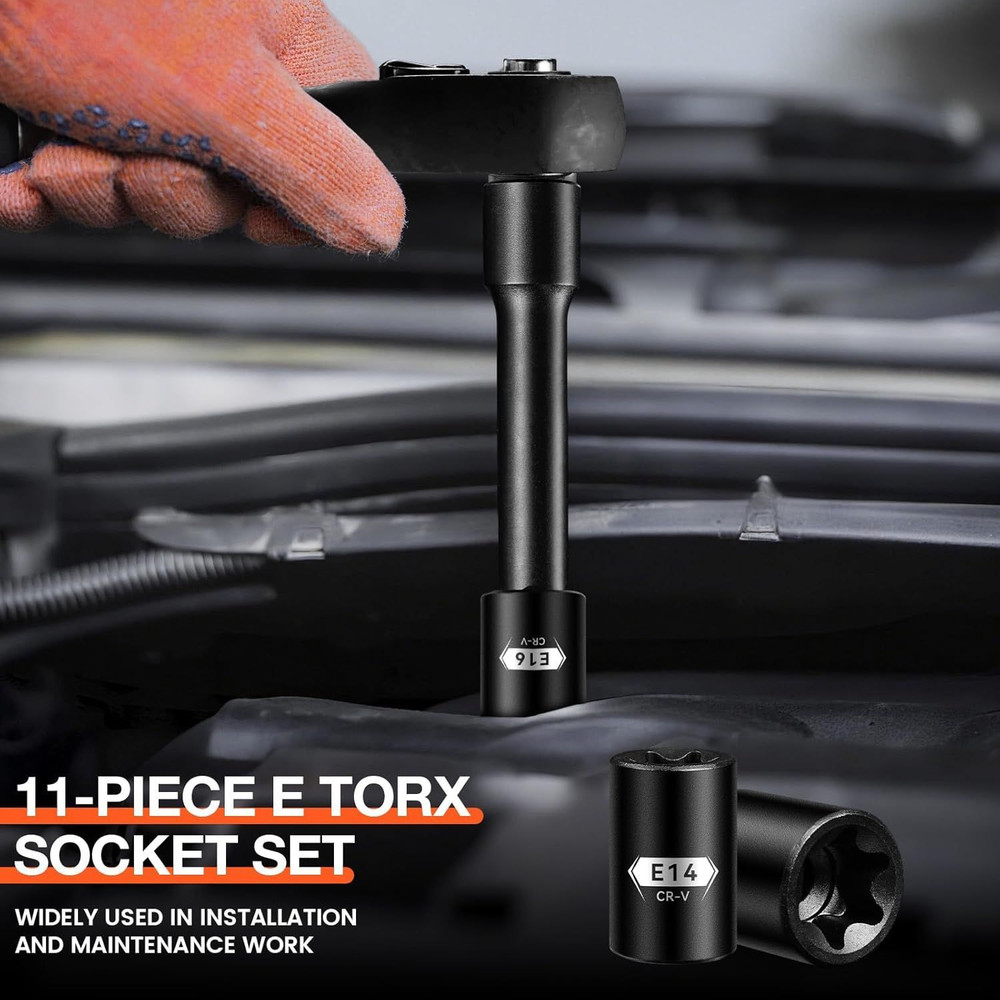 E Torx & Star Socket Set With Rail, 11-Piece Female External Sockets, E4-E20