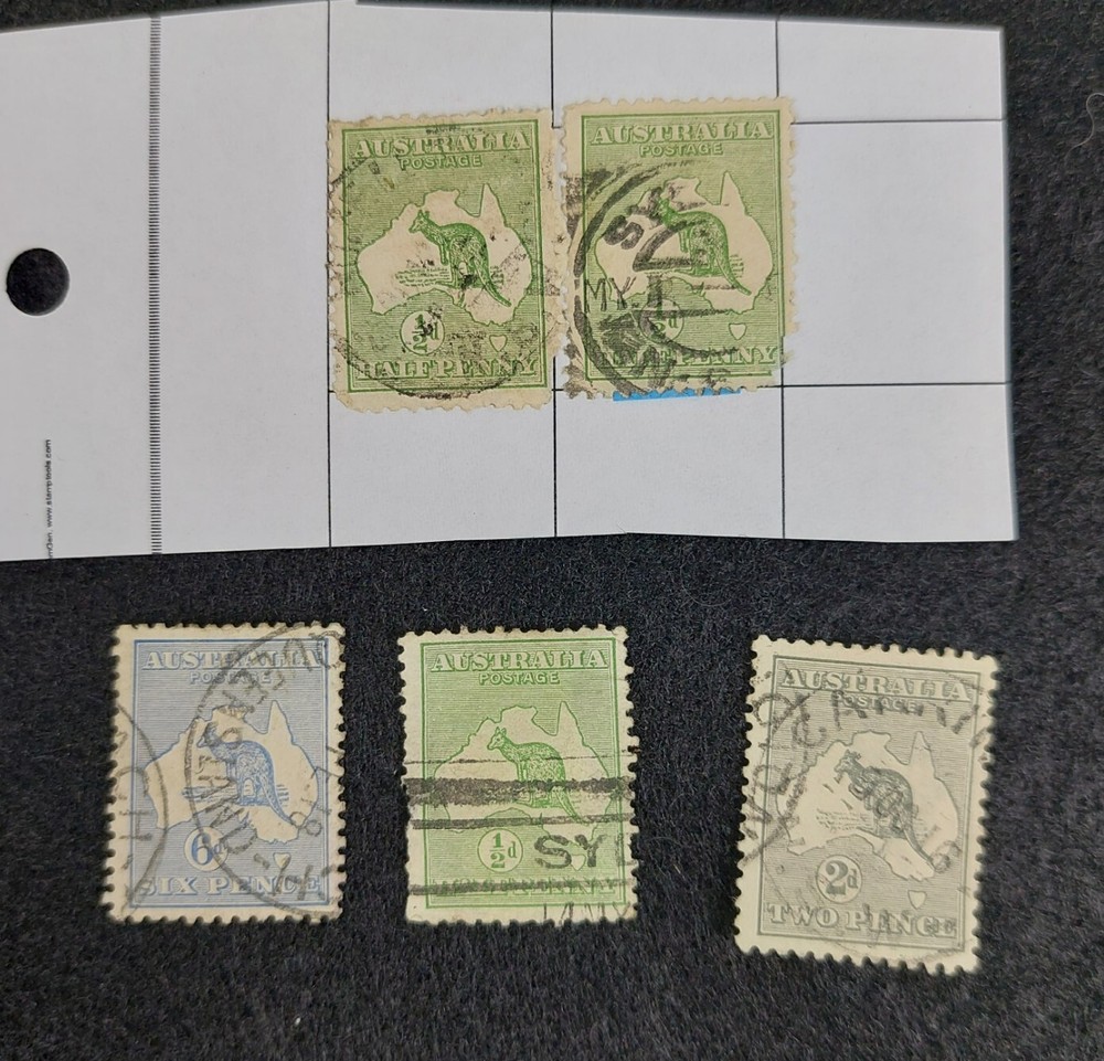 Five Different Used Australia Kangaroos Stamps 1/2d 2d 6d