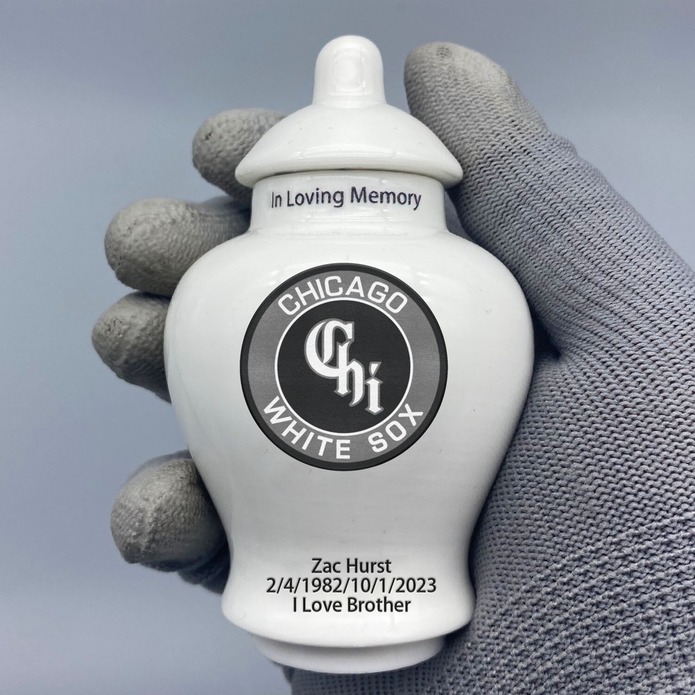 Ceramic Mini Urn for Chicago White Sox Baseball Theme, Custom Text & Number