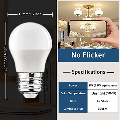 A15 LED Light Bulbs 3W (25W Equivalent) Daylight White E26 Base 120V A15 6000K