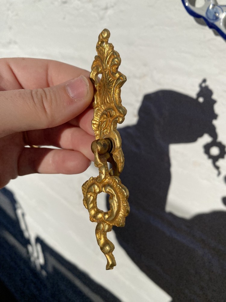 1 Antique 4.5" Gilt Ormolu Bronze Rococo Drawer Pulls Handles Escutcheon Brass