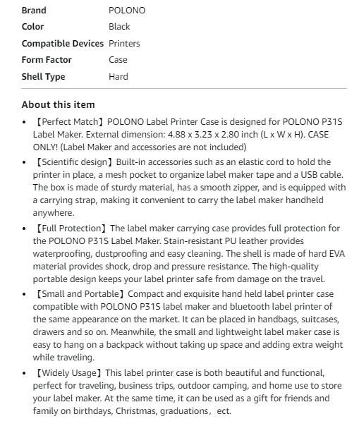 Label Printer Case Compatible with P31S Label Maker, (Case Only), Black