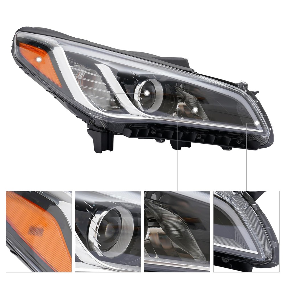2015-2017 Sonata Halogen Headlight Right Passenger Chrome Clear Lens
