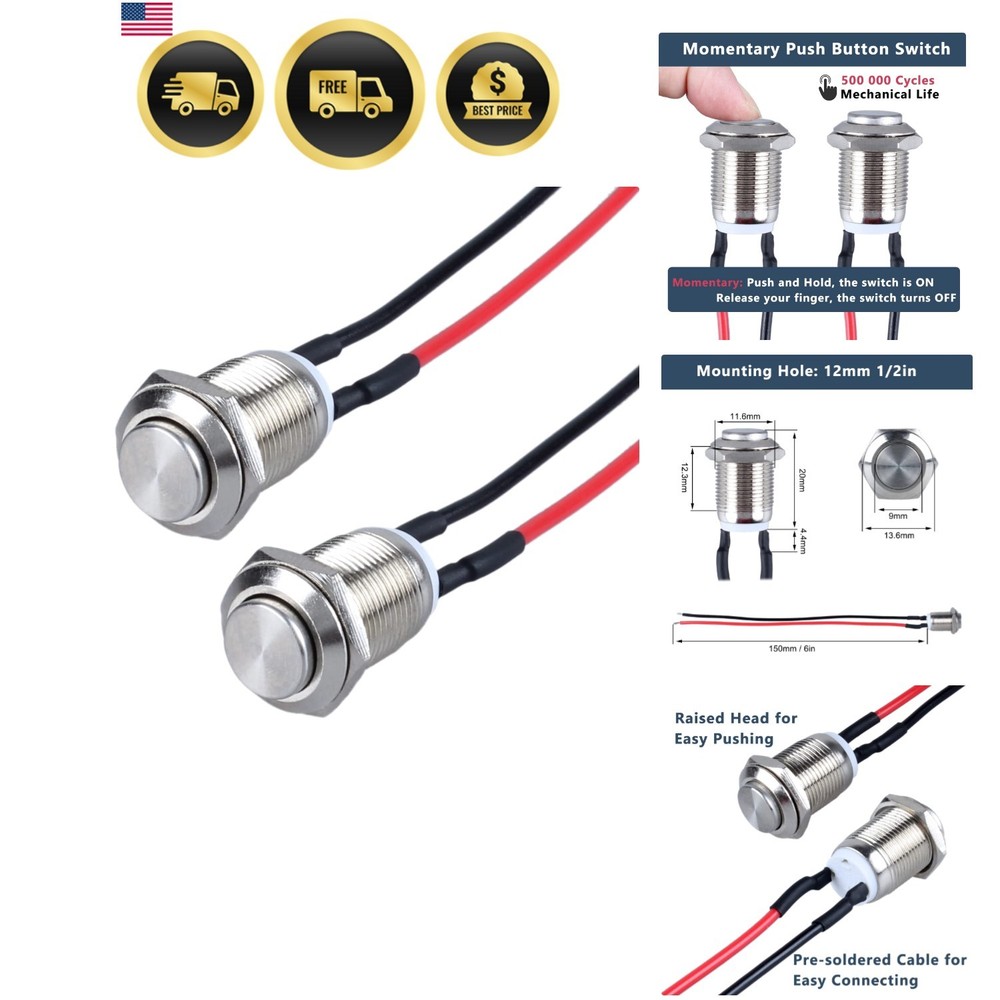 2-Pack 12mm Momentary Metal Waterproof Push Button Switch Raised Head 1/2" Mo...