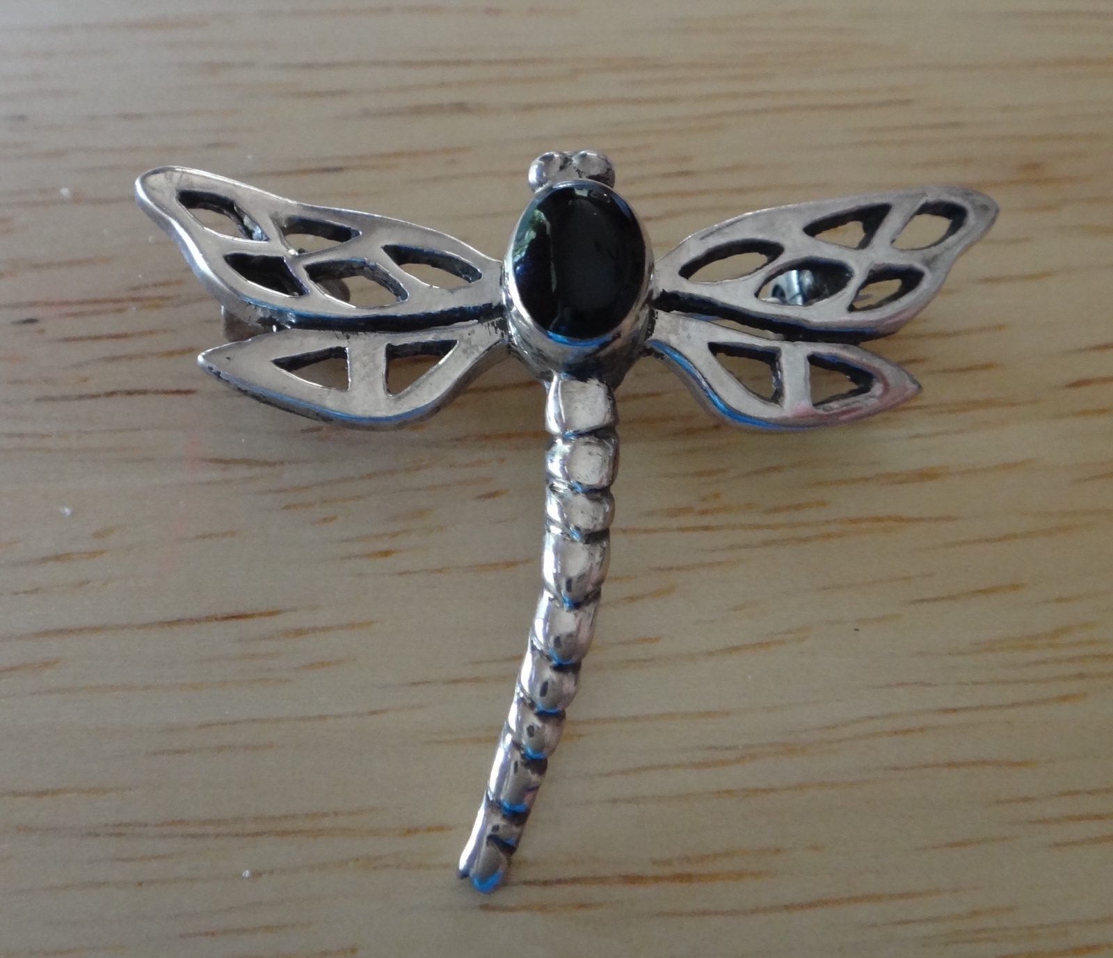 Sterling Silver 3D 40x30mm Large Dragonfly with Black Onyx Pin