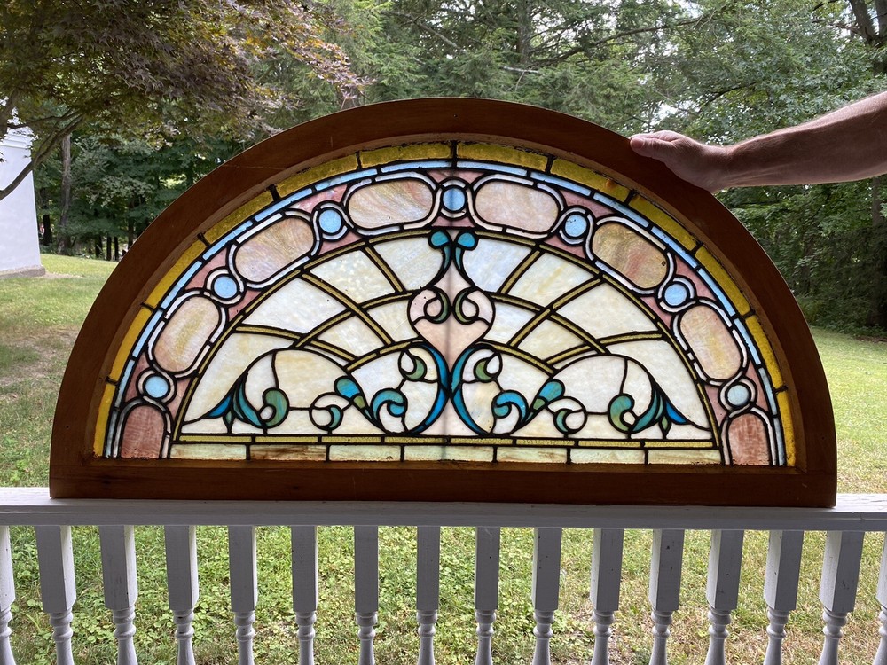 VICTORIAN LEADED STAINED GLASS TRANSOM WINDOW