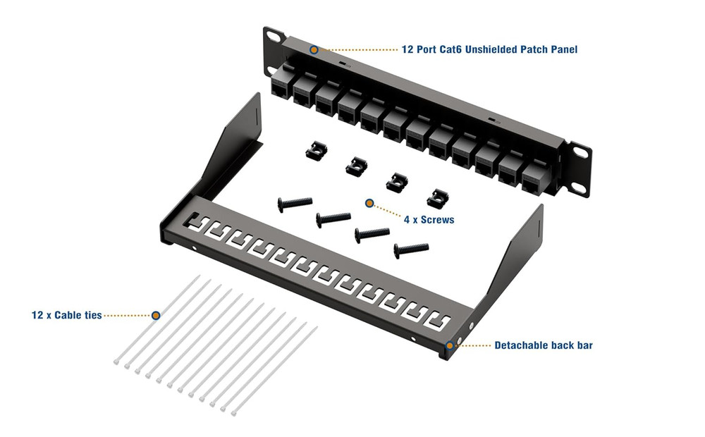 10Gbps Patch Panel 12 Port, 10-Inch through Coupler RJ45 Cat6 Patch Panel with B