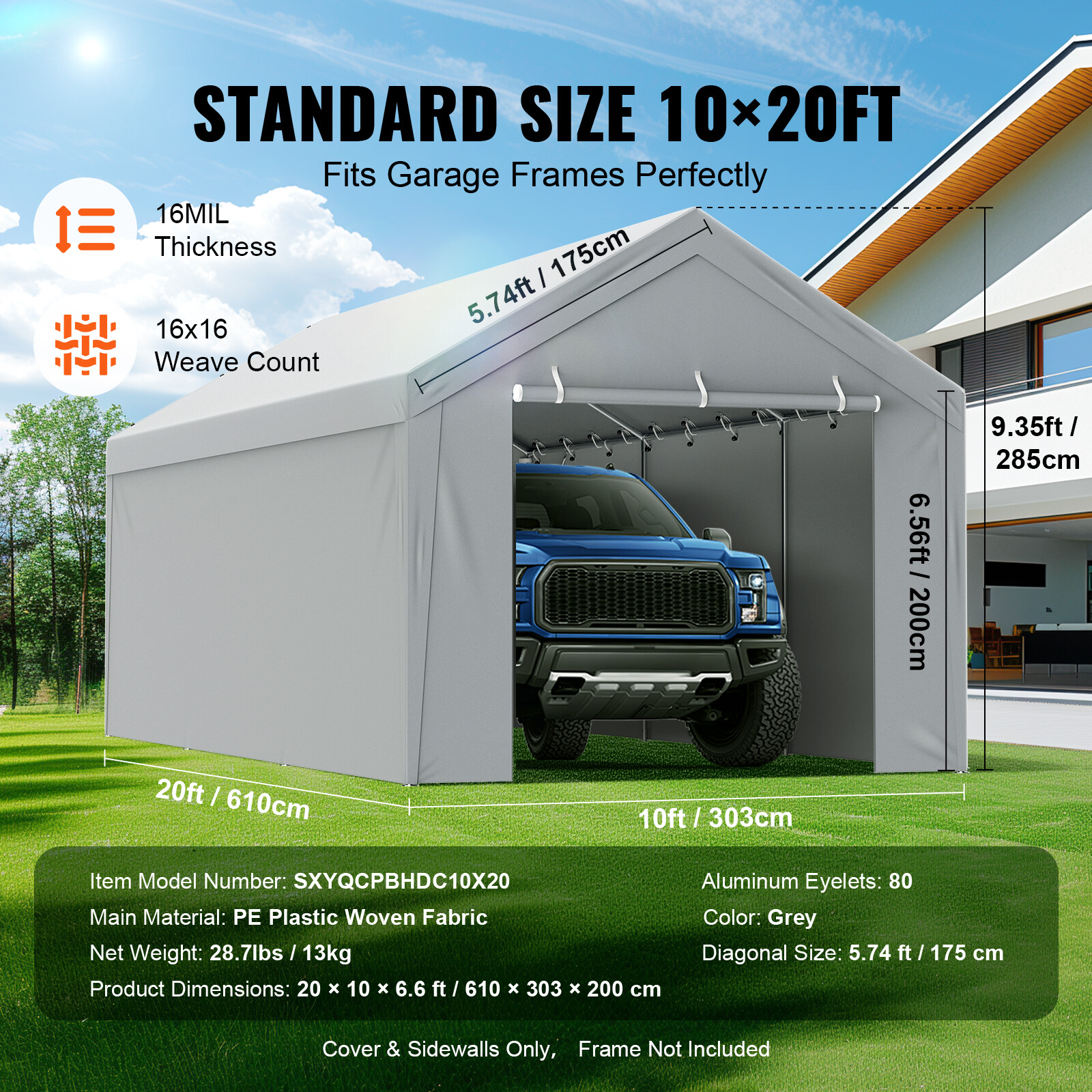 VEVOR Carport Replacement Canopy Car Shelter Tent Top+Side Wall 10x20 ft Grey