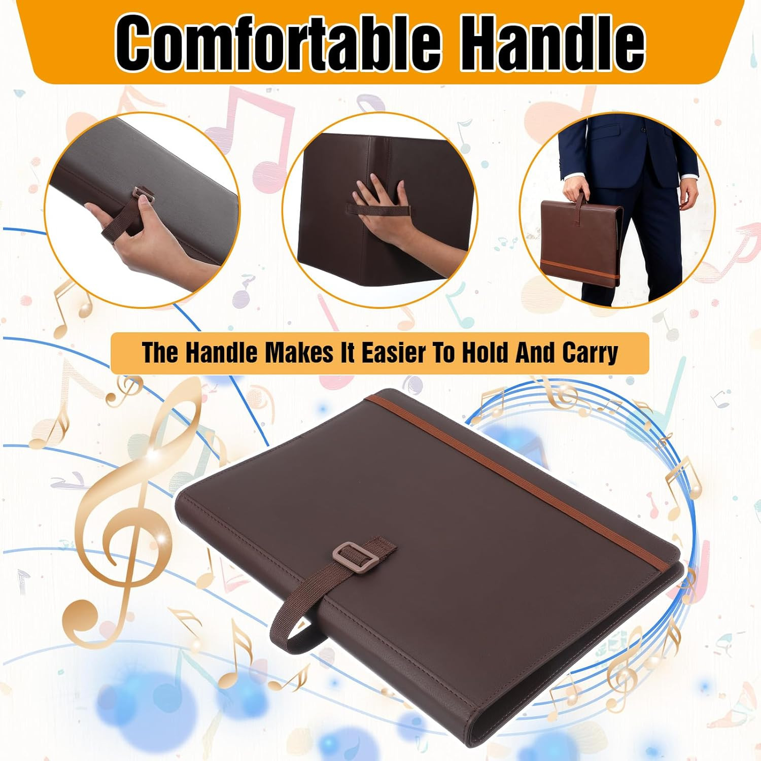 Sheet Music Folder 3 Ring Brown 13" X 9.8" Large PU Leather Choir Folder Hand