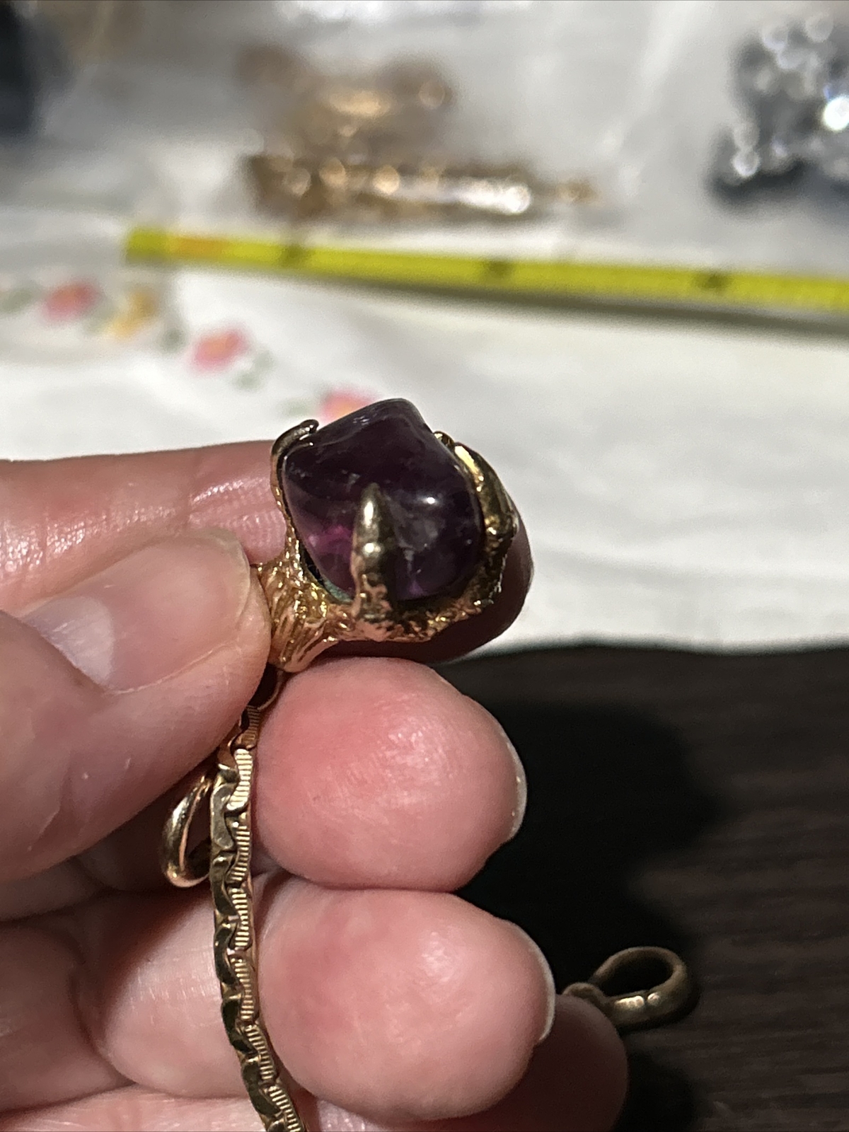 Vintage 9ct Solid Gold Amethyst Dragon Claw Fob Pendant SP Gold Filled 14” Chain