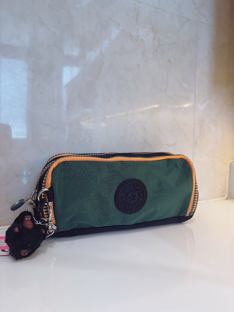 NEW Kipling Gitroy Pencil Case Cosmetic Case Green Tree Monkey Charm