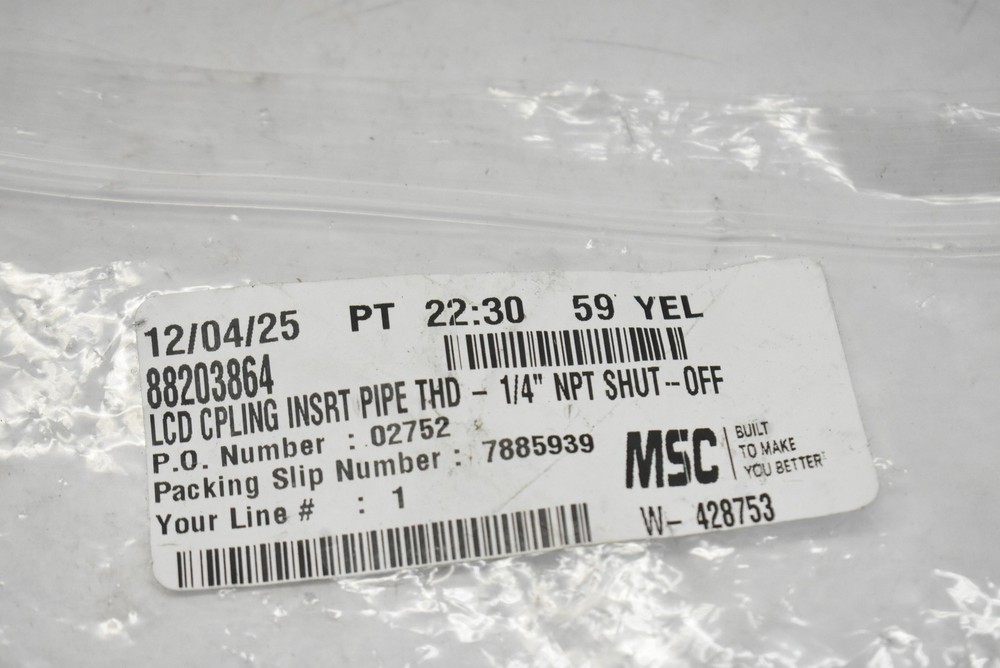 MSC LCD Coupling Insert Pipe Thread 1/4 NPT Shut-Off Fitting Silver Coupler