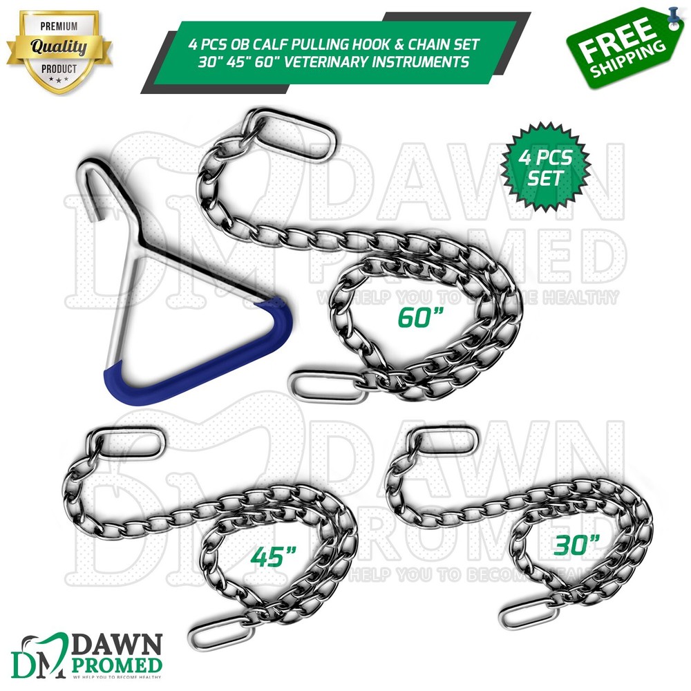 4 Pcs OB Calf Puller Hook & Chain Set 30" 45" 60" Veterinary Instruments