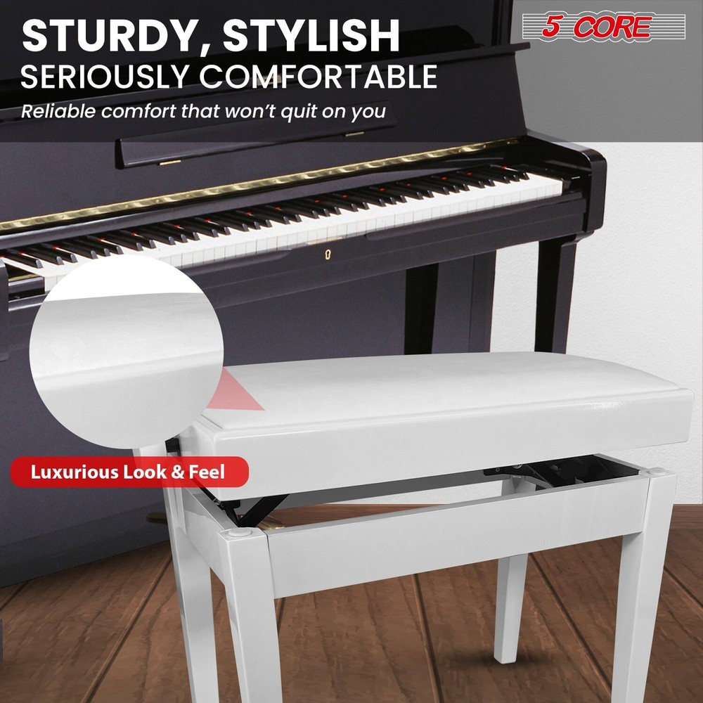 5 Core Adjustable Piano Bench Thick Padded Solid Wood Keyboard Stool Heavy Duty