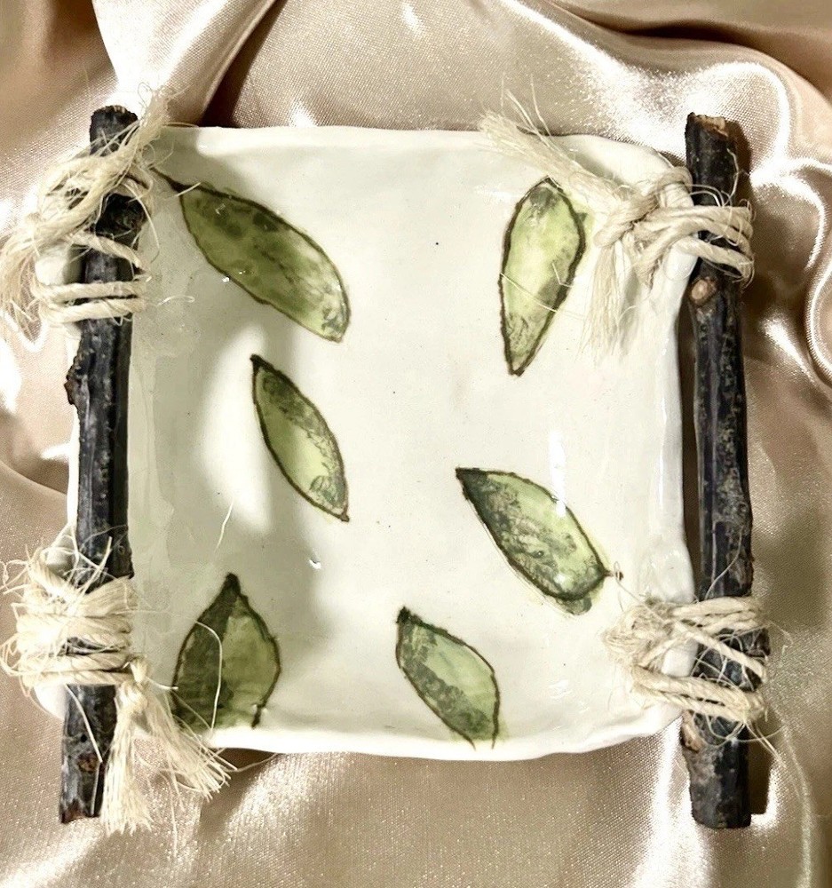Handmade Studio Pottery Tray Rustic Leaf Design Ceramic Trinket Dish