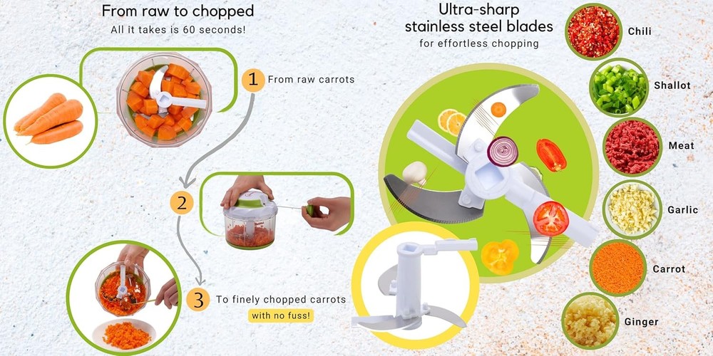 Brieftons QuickPull Manual Food Chopper: Large 4-Cup Powerful Hand Pull Chopper/