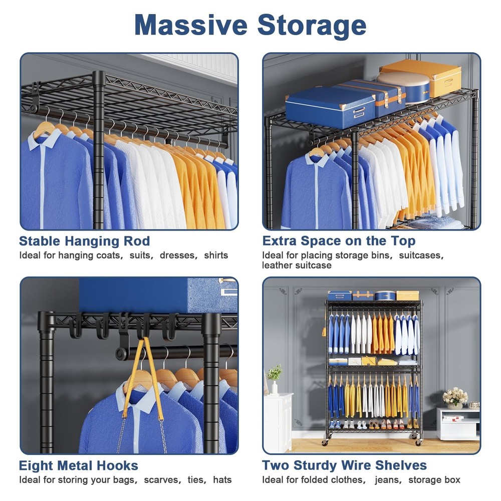 P8 Heavy Duty Clothes Rack（With Extended Width Design） Rolling Clo