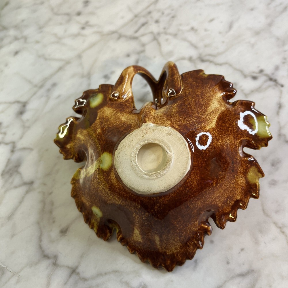 Vintage Maple Leaf Dish Green Brown Ceramic Double Loop Handle MCM