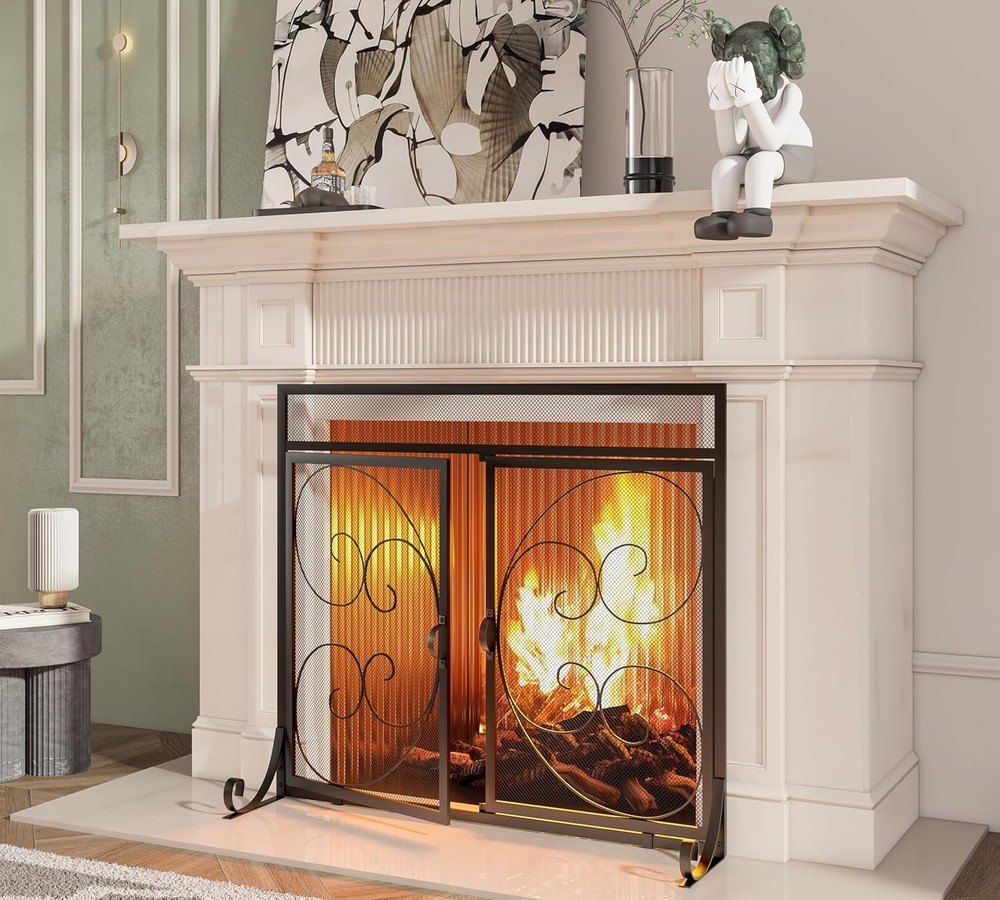 Flat Fireplace Screen with Hinged Doors Handcrafted Wrought Iron Classical