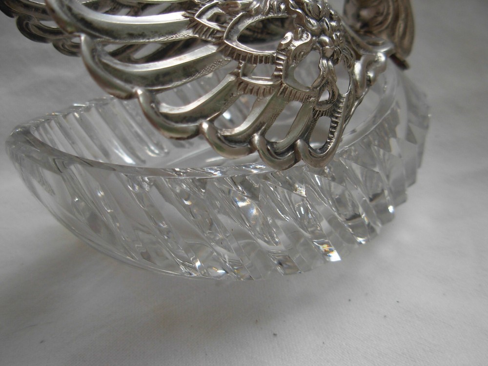 ANTIQUE SOLID SILVER CUT CRYSTAL SALT CELLAR,SWAN SHAPE,20th CENTURY.