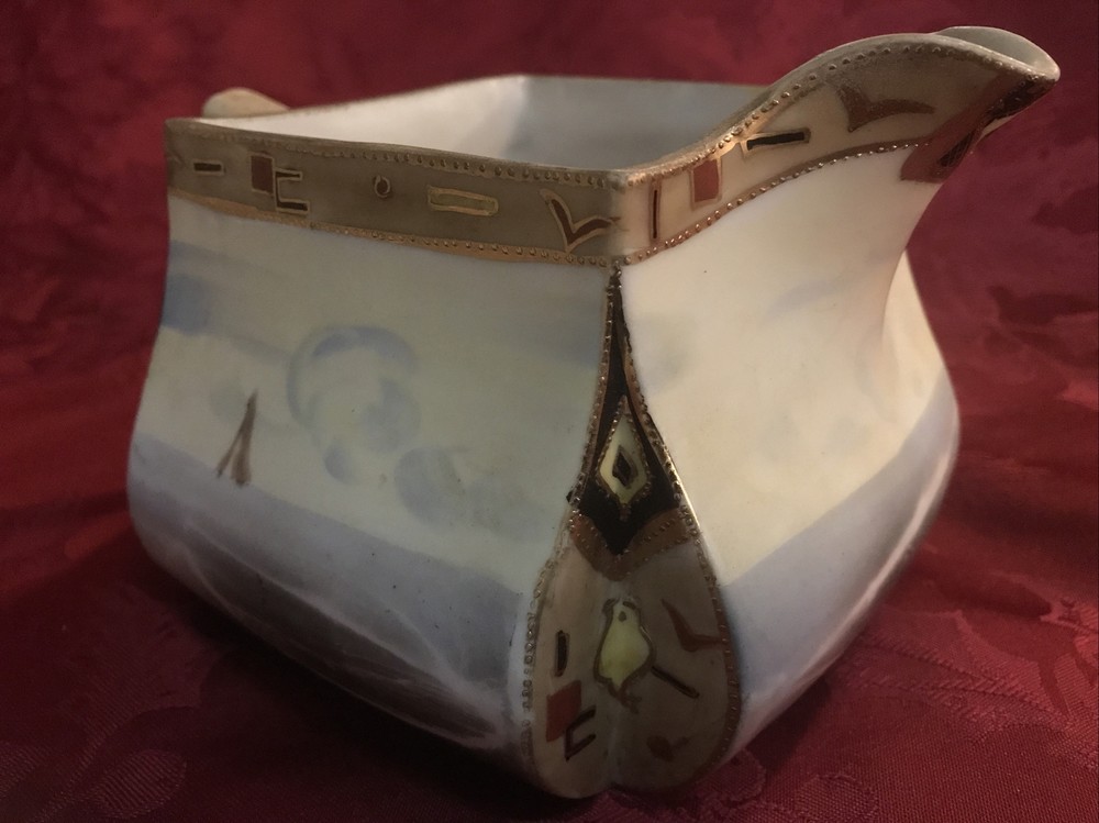 Antique Nippon Moriage Square Pitcher Inverted Corners Boat Theme