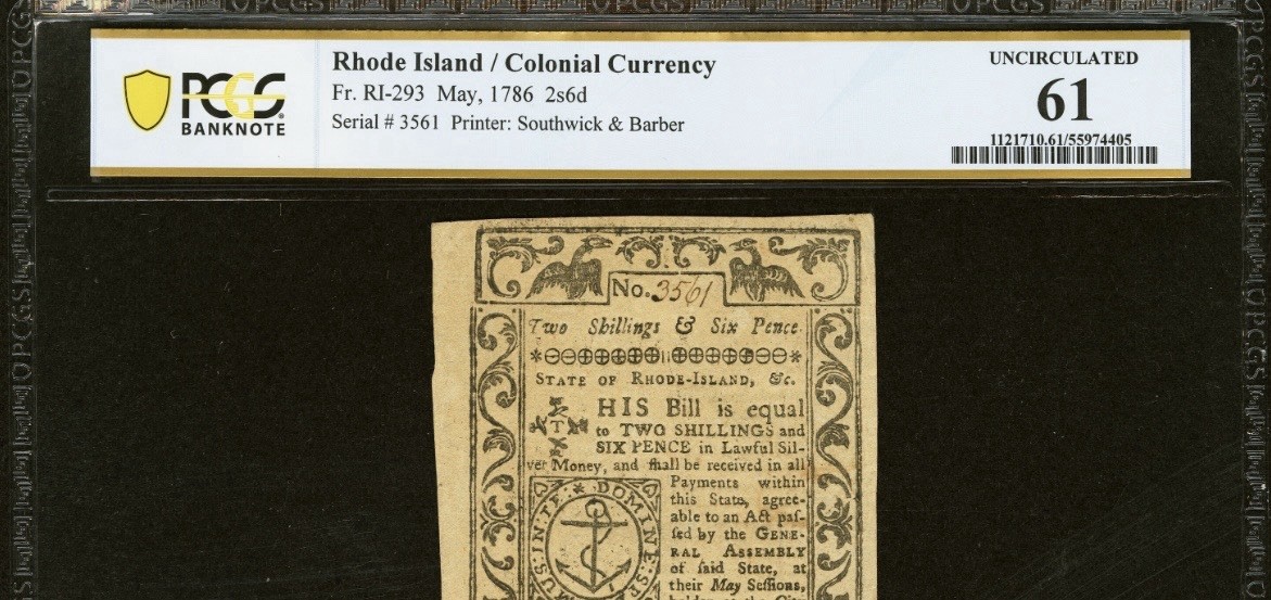 1786 RHODE ISLAND Colonial Currency American Revolution Bank Note RI-293 PCGS 61