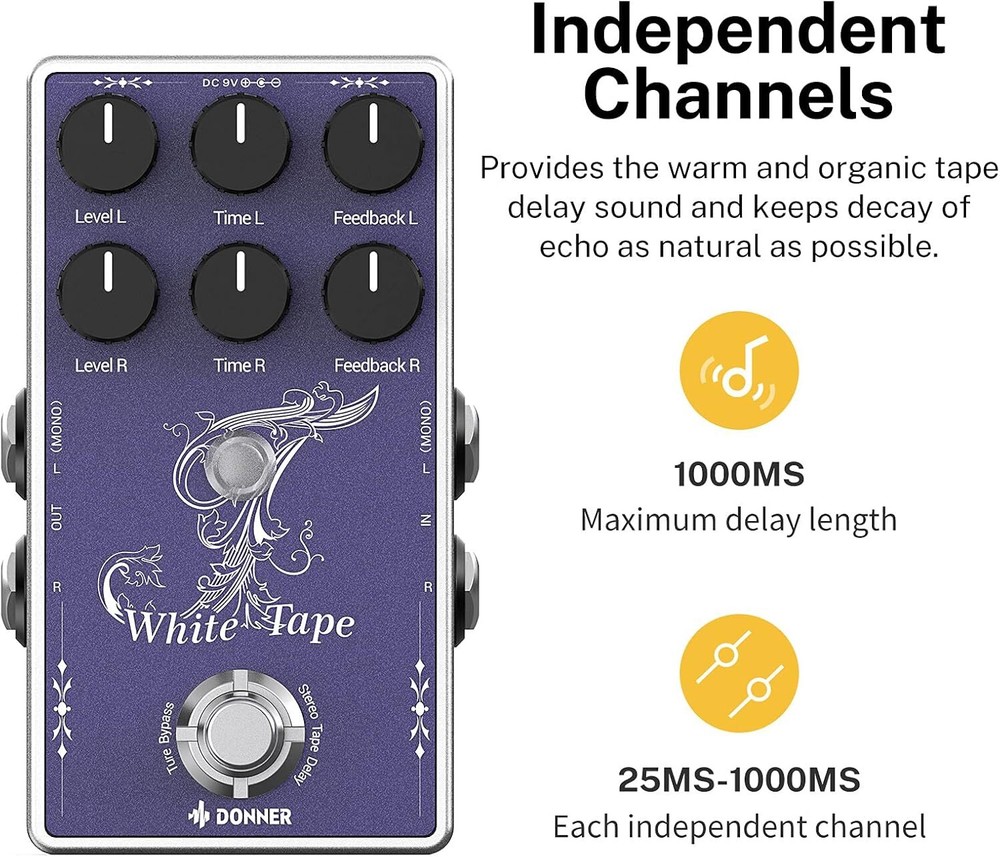 Donner White Tape Analog Delay Pedal, Delay + Echo Effect True Bypass 2 Channel